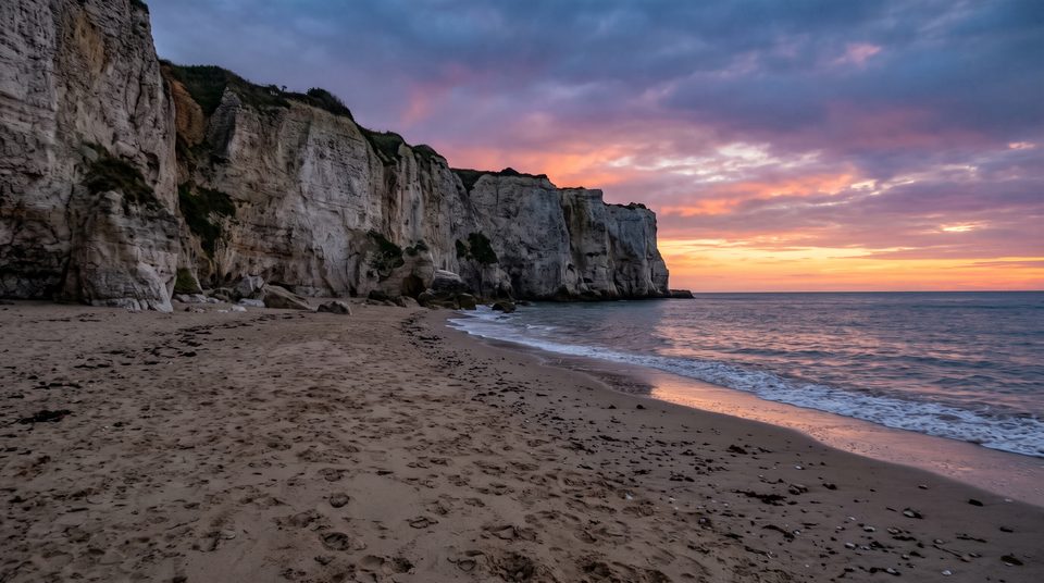 Plage déserte au pied de hautes falaises, au crépuscule, avec la mer calme et un ciel orangé