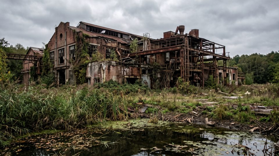 Bâtiment industriel abandonné envahi par la végétation, eau stagnante au premier plan, lumière grise