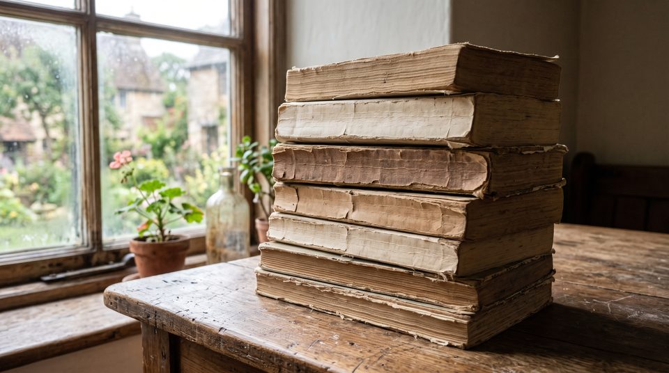 Pile de vieux livres de poche aux tranches usées et sans titre lisible, sur une table près d'une fenêtre