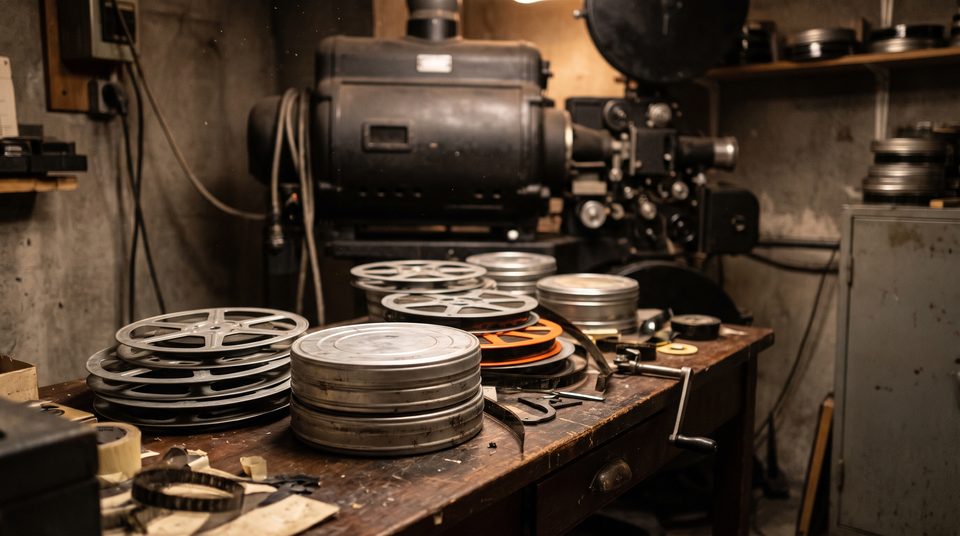 Bobines de pellicule 35 mm empilées sur une table de cabine de projection, sous une lumière chaude