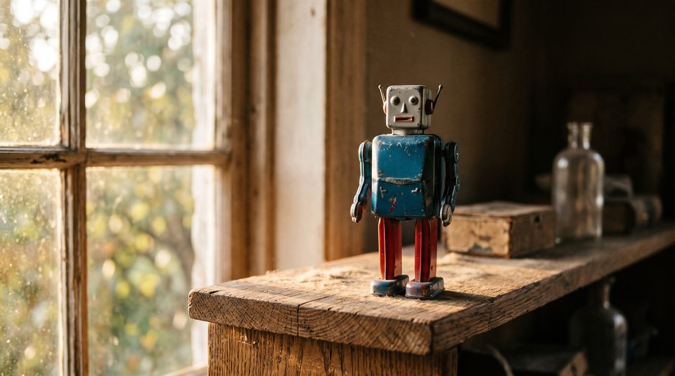 Vieux jouet mécanique en fer-blanc de forme humanoïde posé sur une étagère, lumière de fin de journée